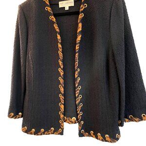 ST. JOHN COLLECTION Santana Jacket Silk Chiffon Leopard Trim Goldtone Grommets